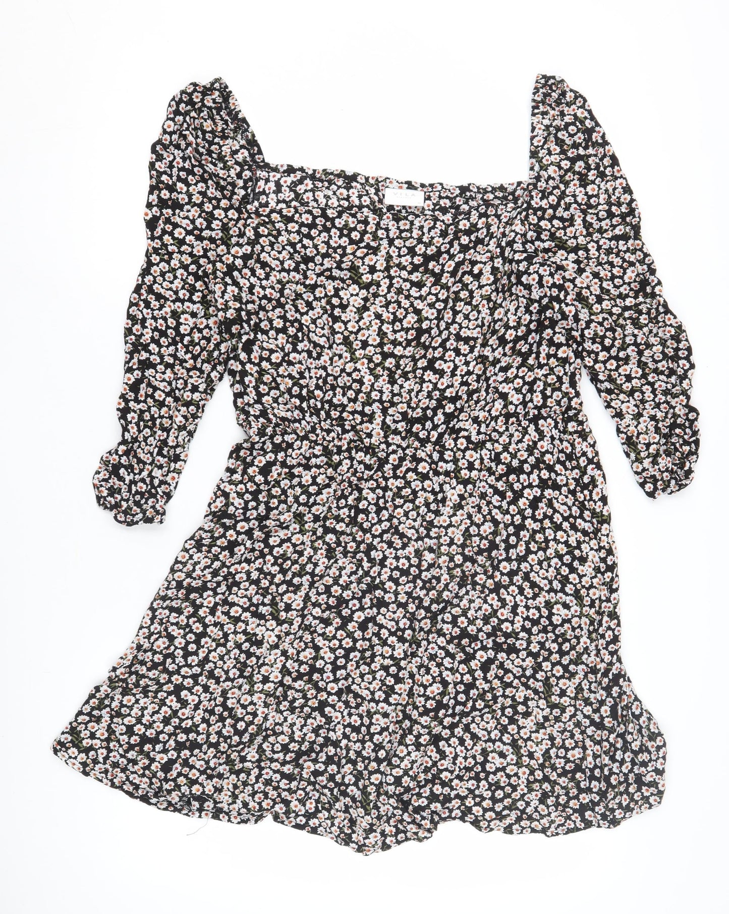 VILA Women's Black Floral A-Line Dress Size 14 Puff Sleeve