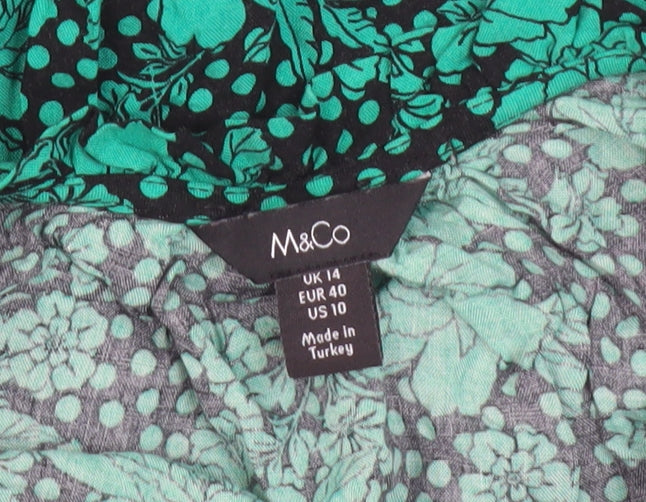 M&Co Women's Green Floral V-Neck Blouse, Size 14