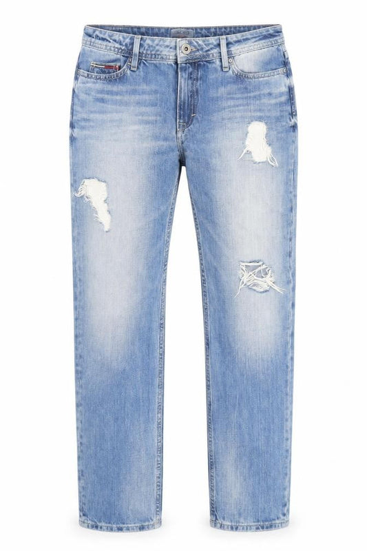 Front view of Tommy Hilfiger women’s blue straight jeans, size UK 26