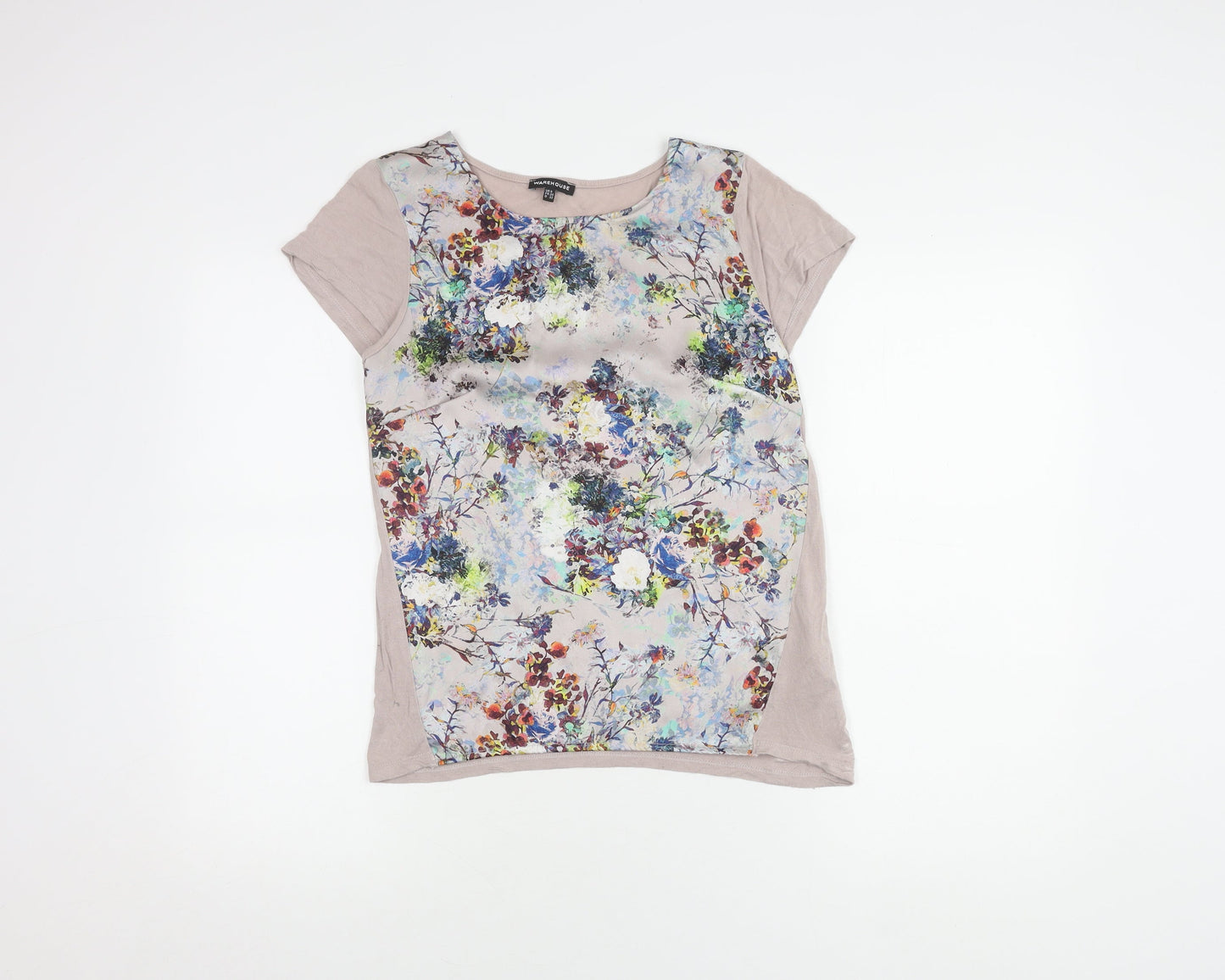 Warehouse Women's Beige Floral Top, Size 6, Short Sleeve