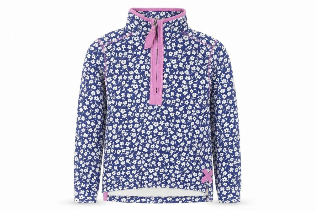 Front view of Lazy Jacks girls’ blue floral pullover sweatshirt 7-8 years