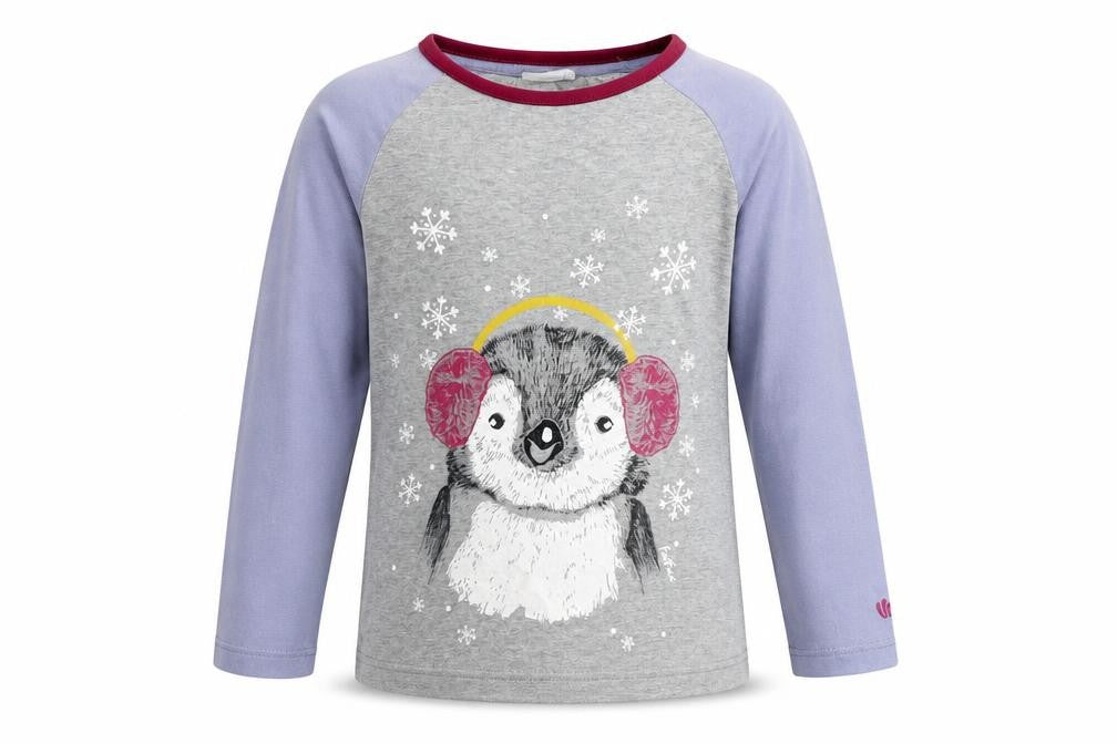 Front view of FatFace girls’ grey blue penguin t-shirt 7-8 years - winter style