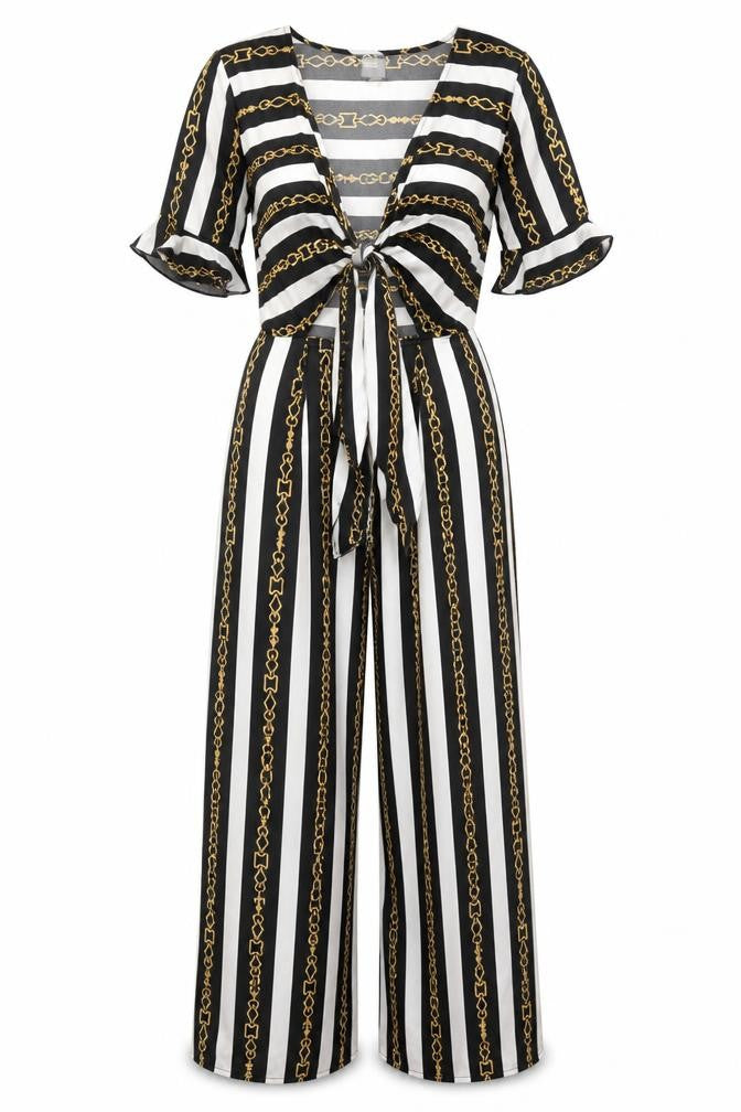 Front view of ASOS Women's Black White Stripe Jumpsuit UK 12