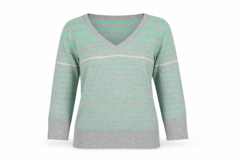 b.young Women's Striped Grey Green V-Neck Jumper Size M