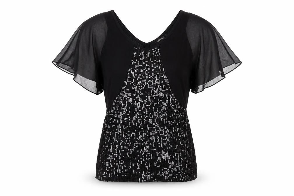 Guess Women's Black Sequin Blouse XS V-Neck Flutter
