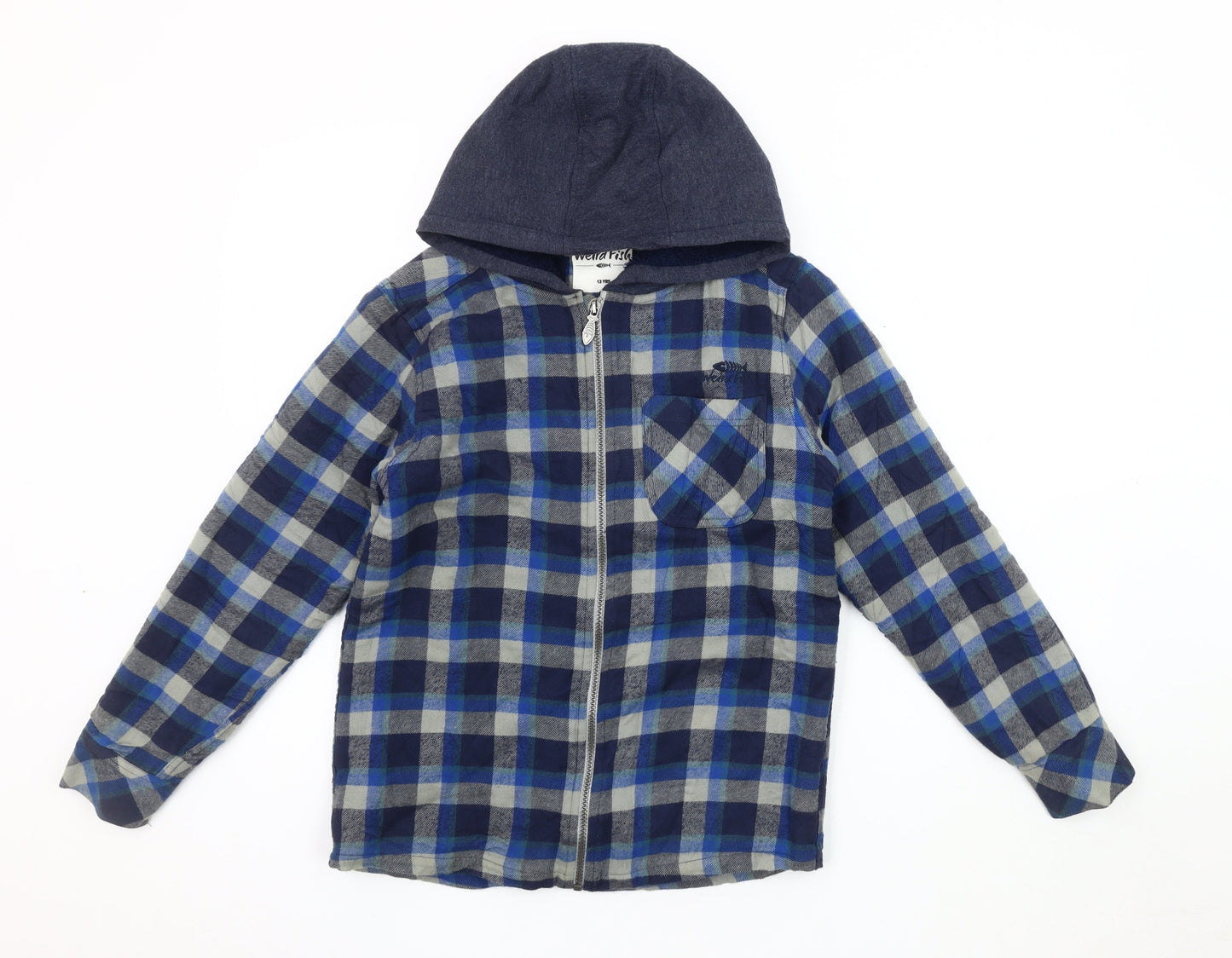 Weird Fish Boys Blue Plaid Hooded Shirt Jacket 13 Years