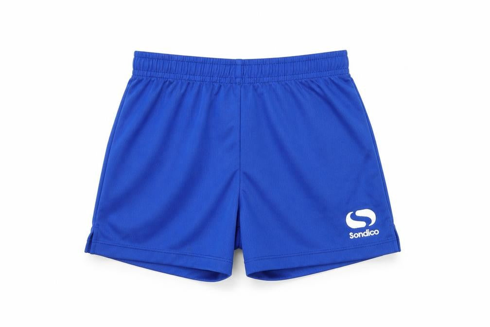 Front view of Sondico boys’ blue athletic shorts, 5-6 years, football