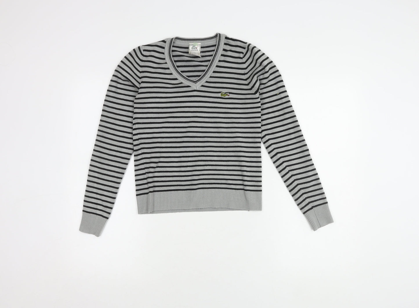 Lacoste Women's Grey Striped V-Neck Jumper M/L