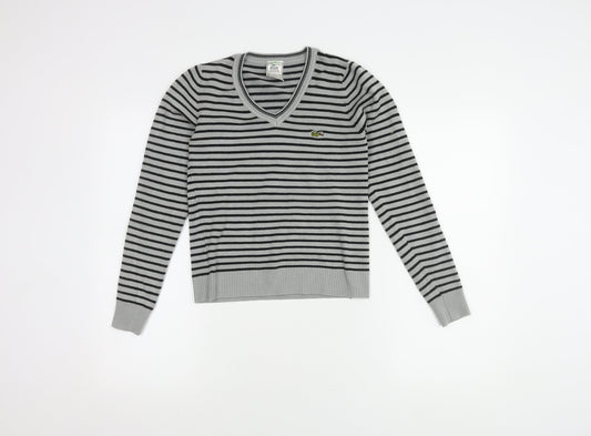 Lacoste Women's Grey Striped V-Neck Jumper M/L