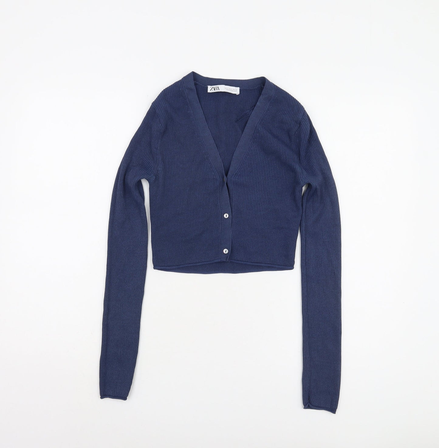 Zara Women's Blue Cardigan, M, V-Neck, Button Accents