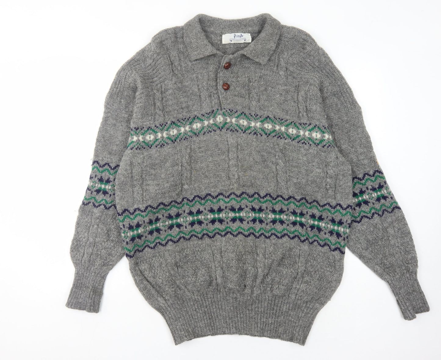 Pringle of Scotland Men's Grey Wool Jumper, L, Cable-Knit