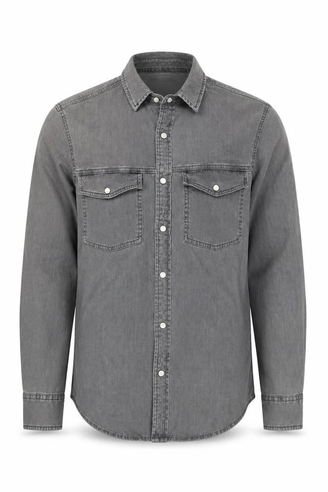 Topman Men's Grey Denim Button-Up Shirt XS