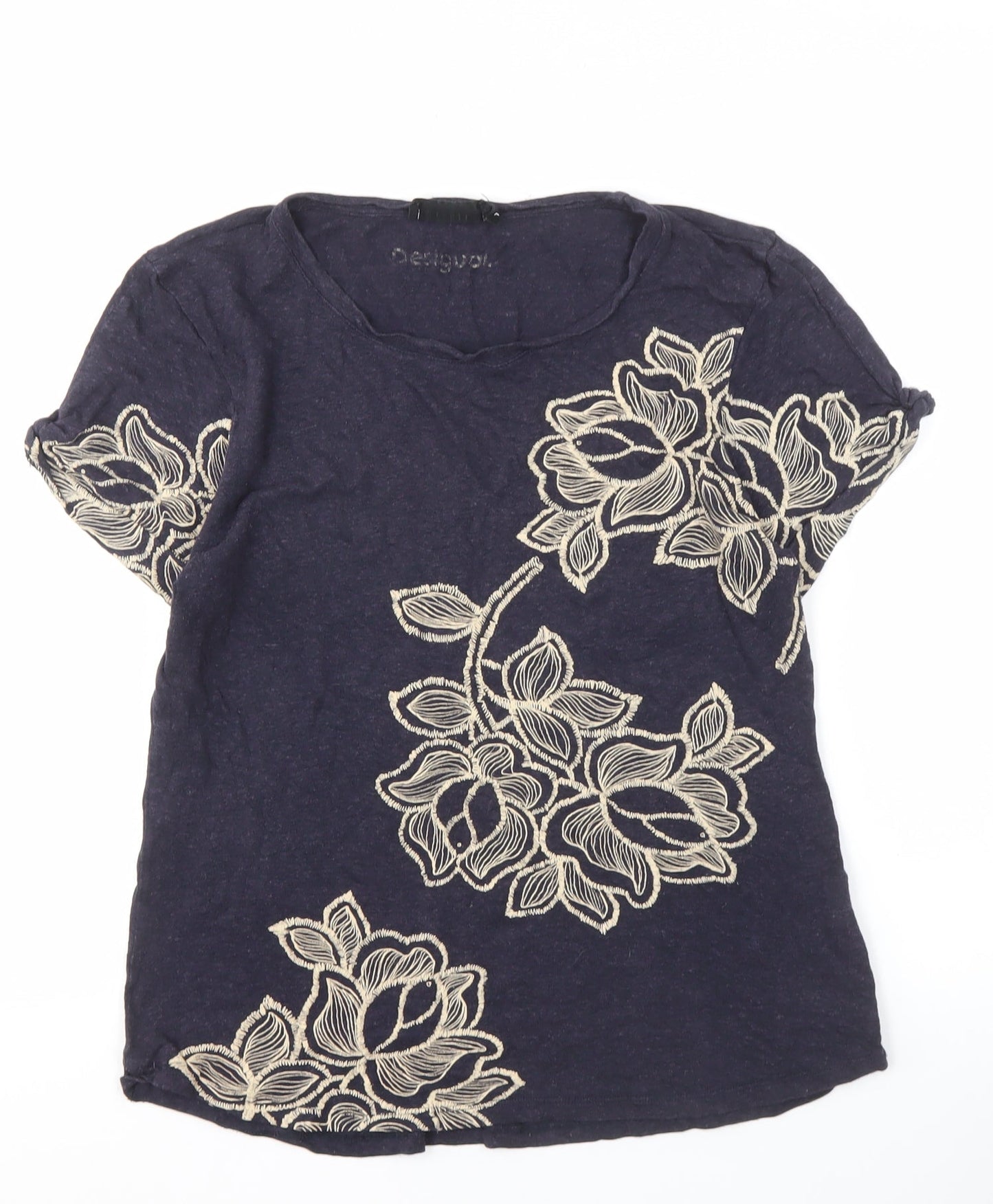 Desigual Women's Blue Floral Embroidered T-Shirt L