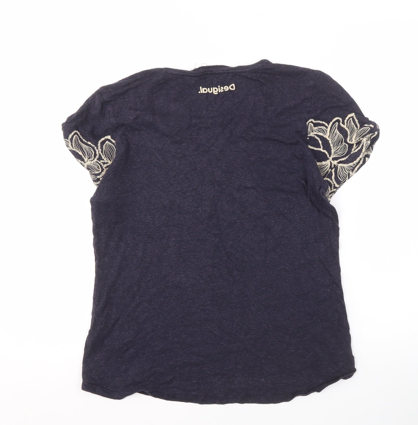 Desigual Women's Blue Floral Embroidered T-Shirt L