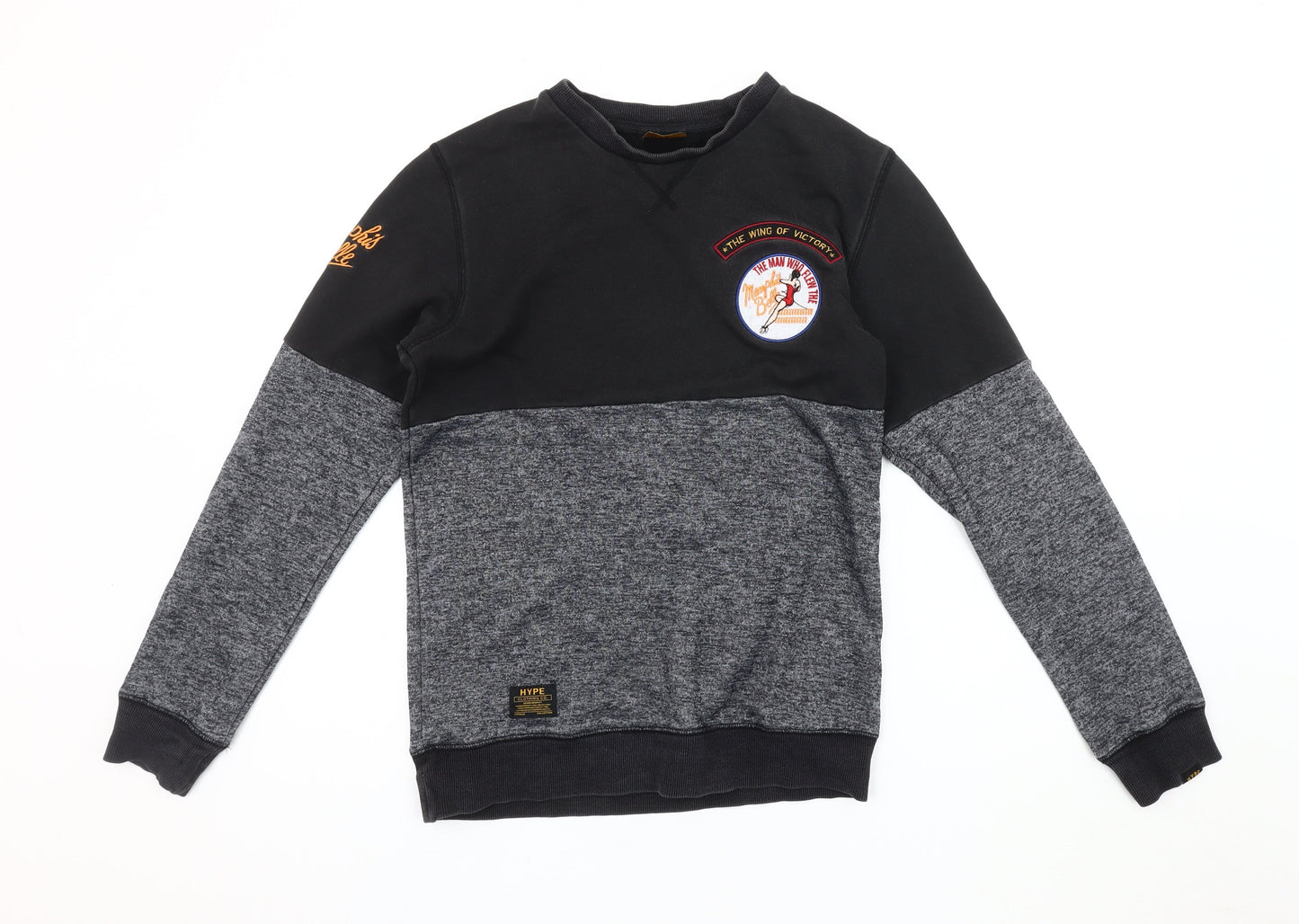 Hype Men's Black Grey Sweatshirt, Size 2, Embroidered Logo