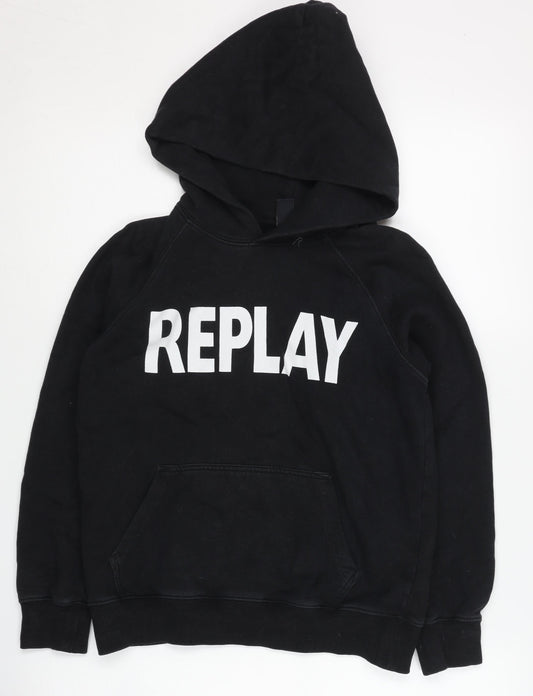 Replay Boys Black Hoodie, Size 10, Cotton Pullover