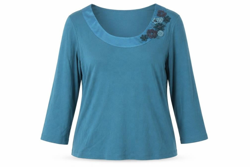 Country Casuals Blue Women's 3/4 Sleeve Scoop Neck Beaded Blouse