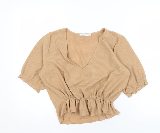 Pull&Bear Women's Beige V-Neck Blouse, Puff 3/4 Sleeves, Size M