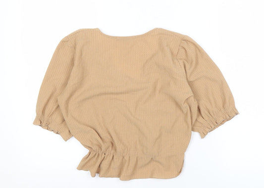 Pull&Bear Women's Beige V-Neck Blouse, Puff 3/4 Sleeves, Size M