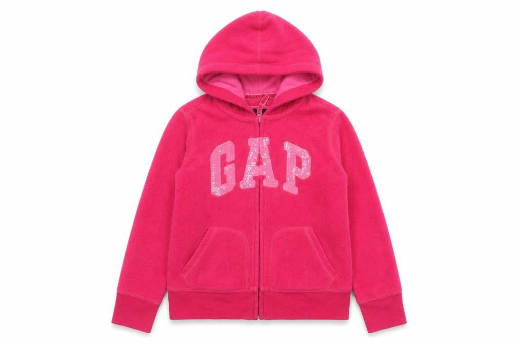 Front view of Gap girls’ pink hoodie, logo accent, size L, fleece, full zip