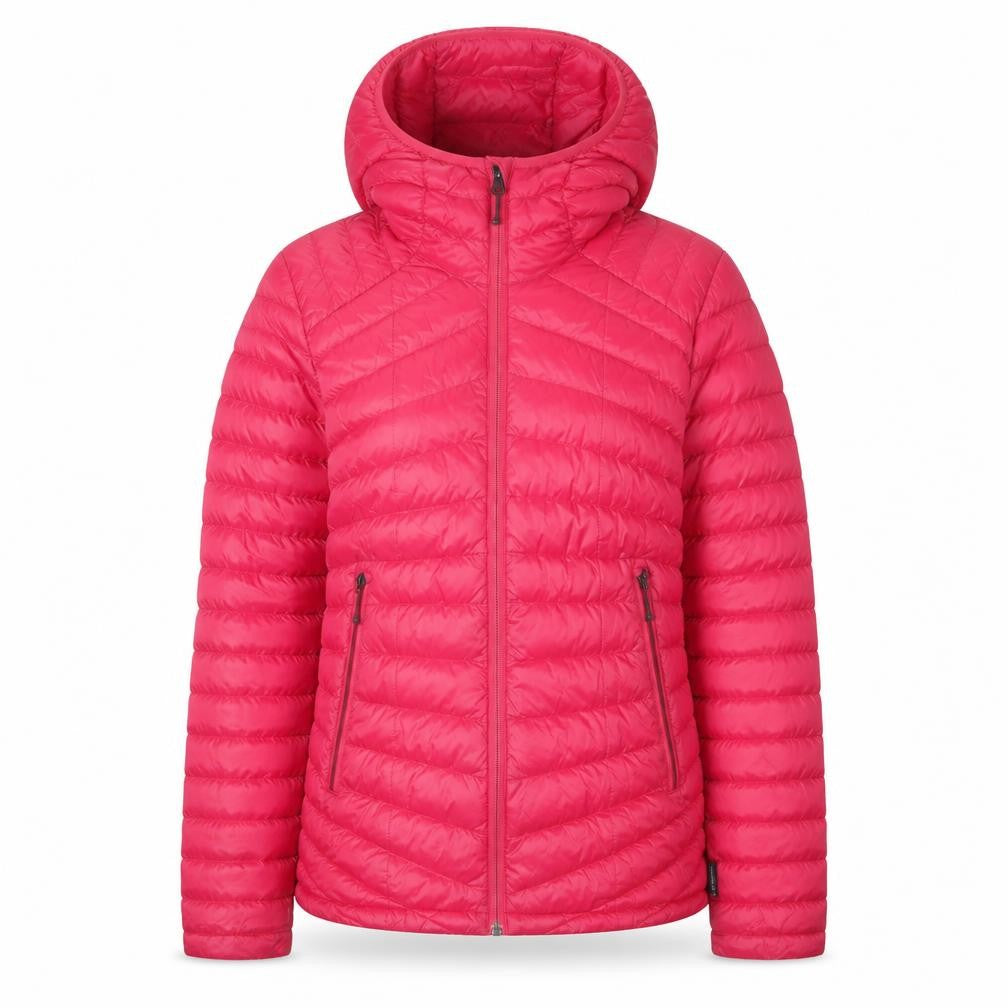 Front view of Decathlon girls’ red puffer jacket 2xs lightweight hooded zip