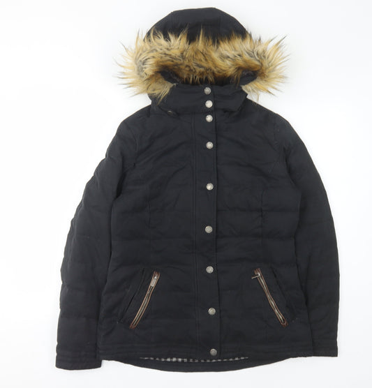 FatFace Women's Black Puffer Jacket Size 10 with Fur Trim