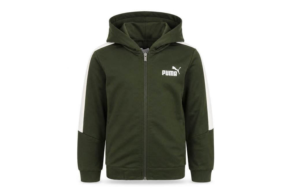 Front view of Puma boys’ green hooded track jacket, size 4
