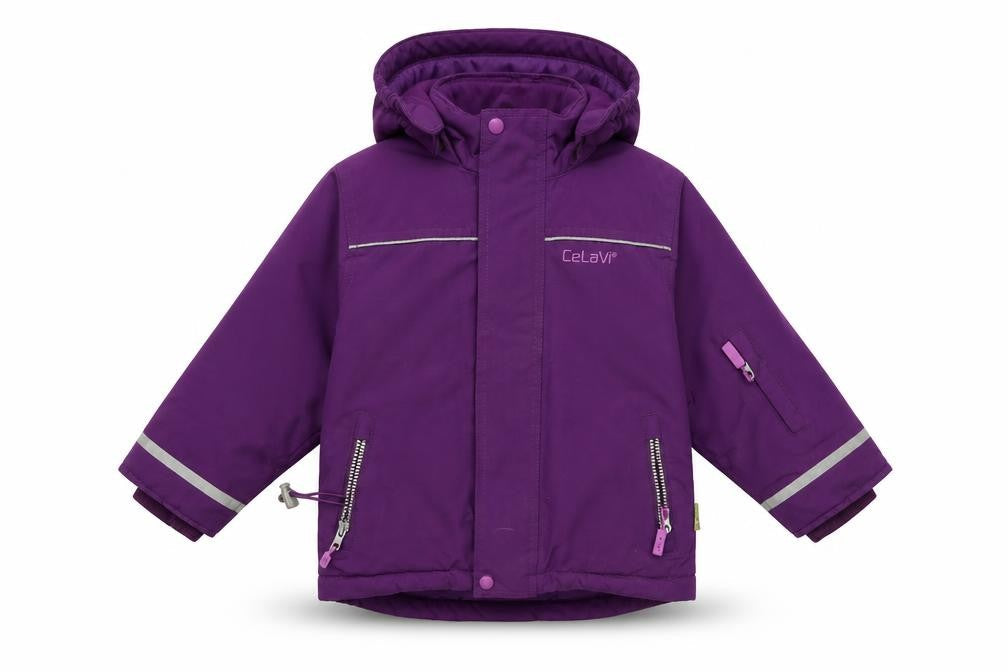 Front view of CeLaVi girls’ purple rain coat 9-10 years hooded winter coat