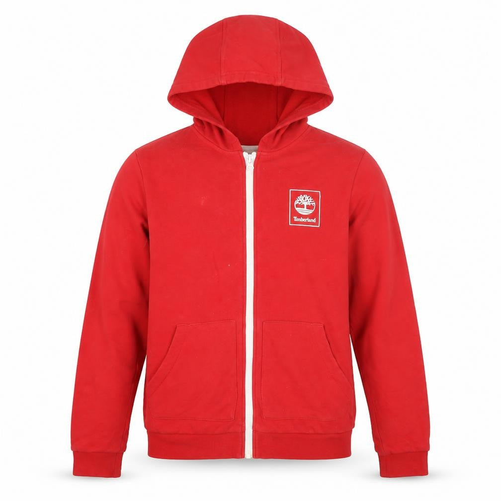 Front view of Timberland boys’ red full zip hoodie, size 14, years, logo accent