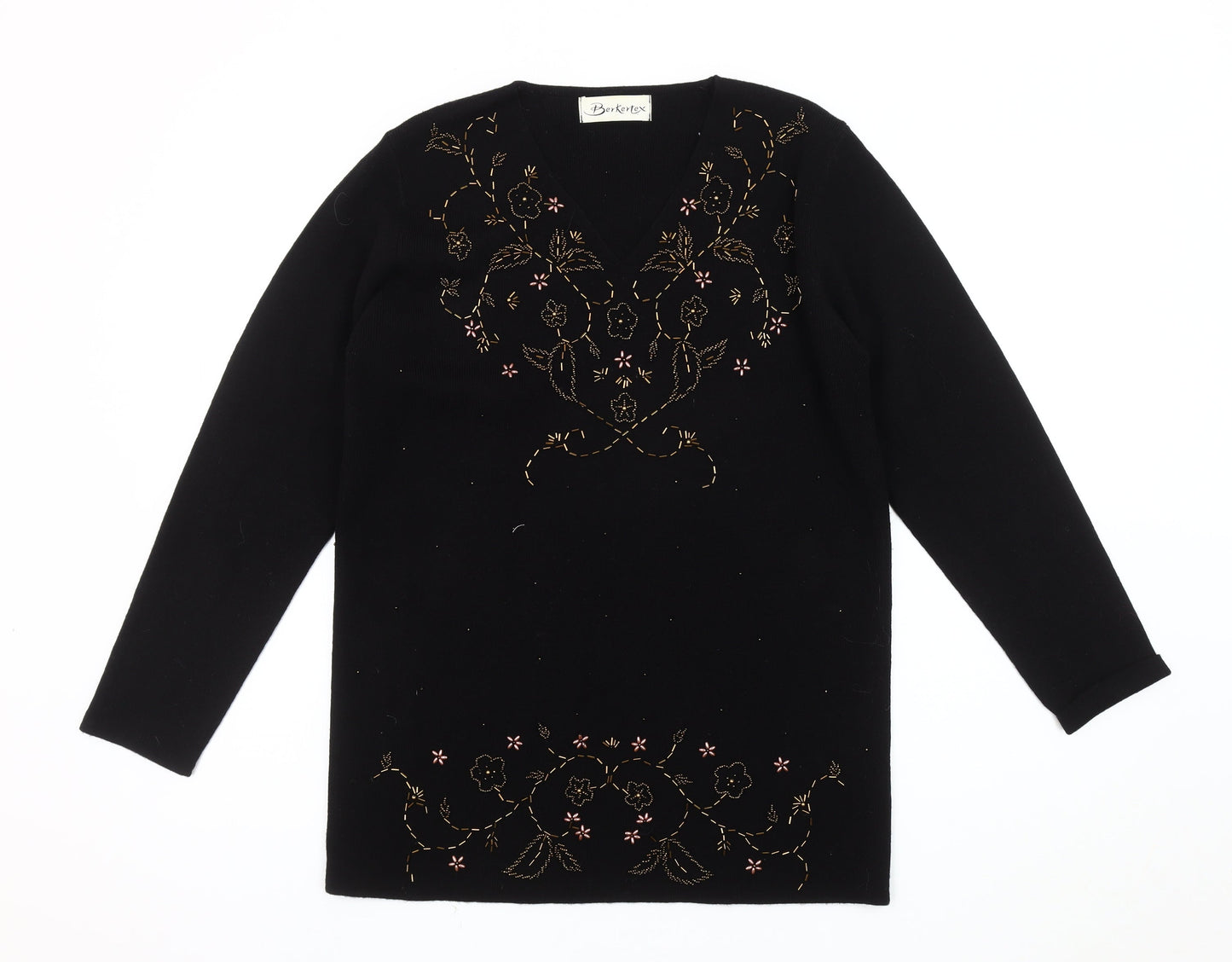 Berkertex Women's Black Embroidered V-Neck Jumper, Size 10-12