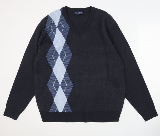 Tootal Men's Blue Argyle V-Neck Pullover Jumper L