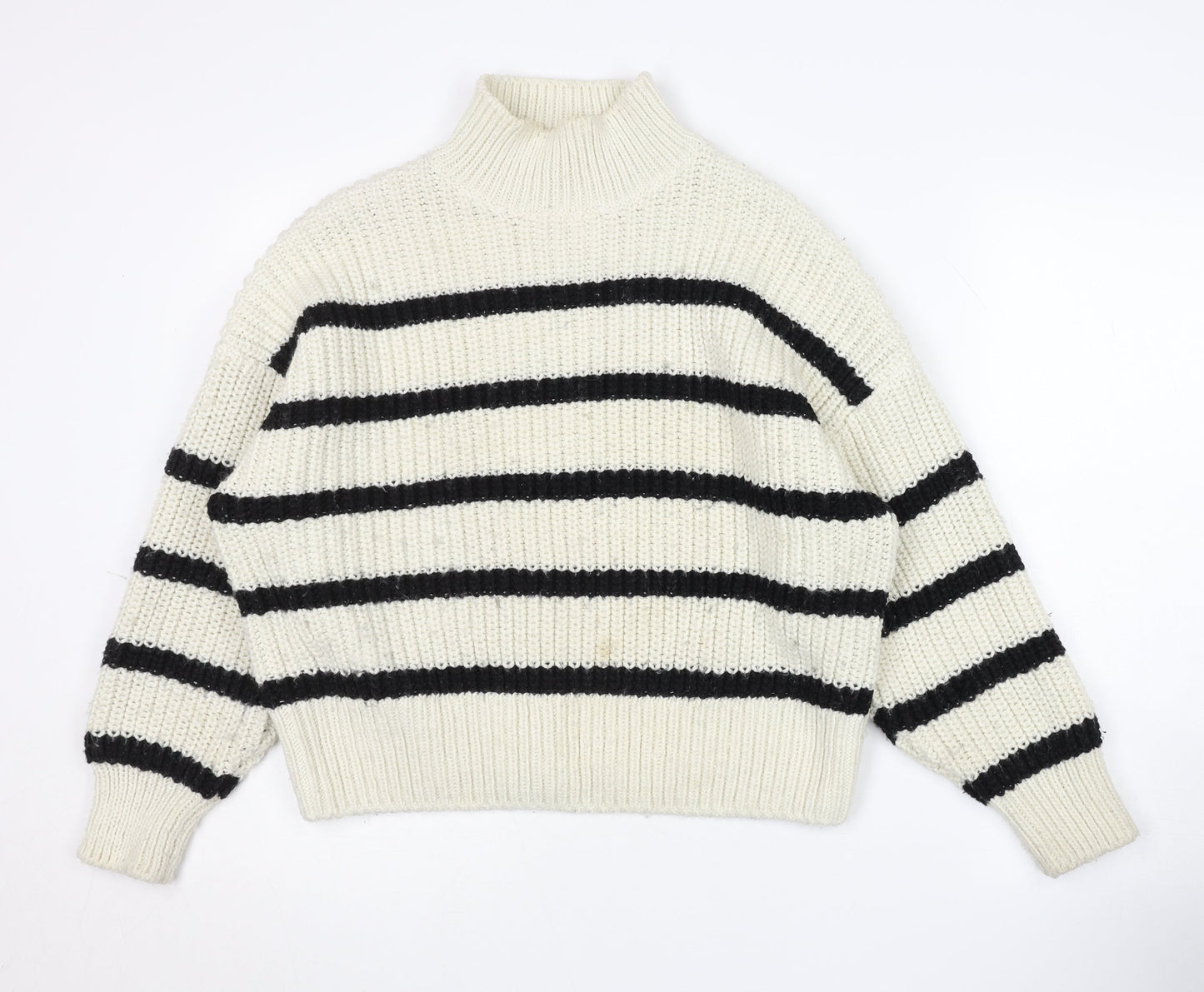 H&M Women's White Black Striped Jumper Mock Neck M