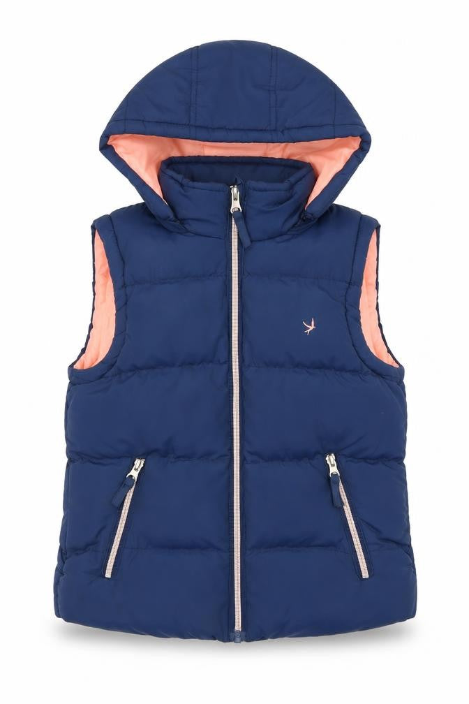 Front view of YD girls’ blue puffer jacket 9-10 years hooded zipper