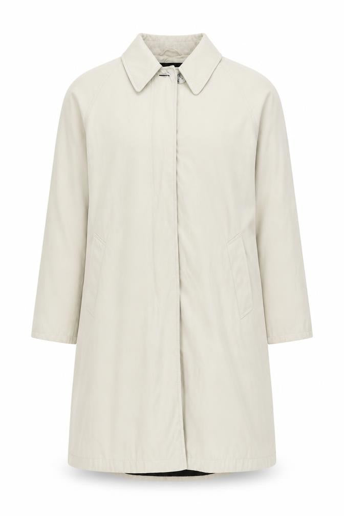Front view of Girell women’s beige overcoat, size UK 36, button closure