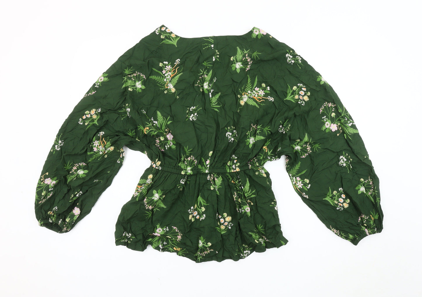River Island Women's Green Floral Balloon Sleeve Blouse