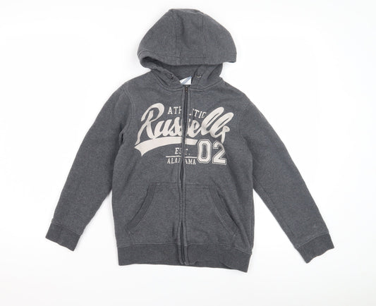Russell Athletic Boys Grey Full Zip Hoodie, Graphic Logo, Regular Fit