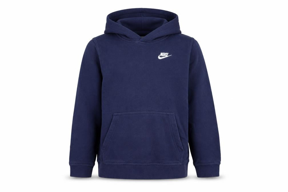 Front view of Nike boys’ blue pullover hoodie with logo, size L