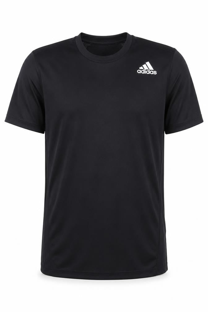 Front view of Adidas boys’ black t-shirt, size S, sports jersey, activewear