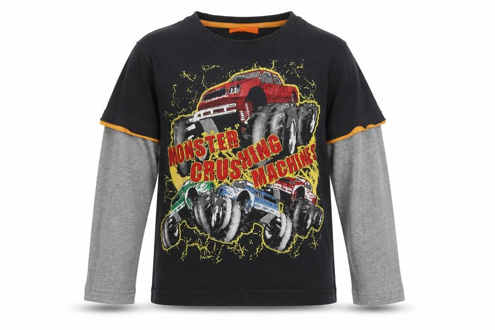Duck and Cover Boys Monster Truck Long Sleeve T-Shirt, Black/Grey, Size 7