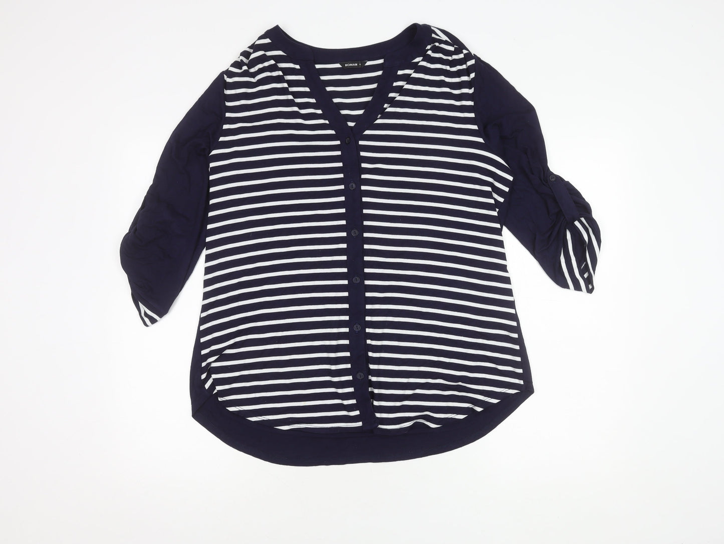 Roman Women Blue Striped Button-Up Top Size 14
