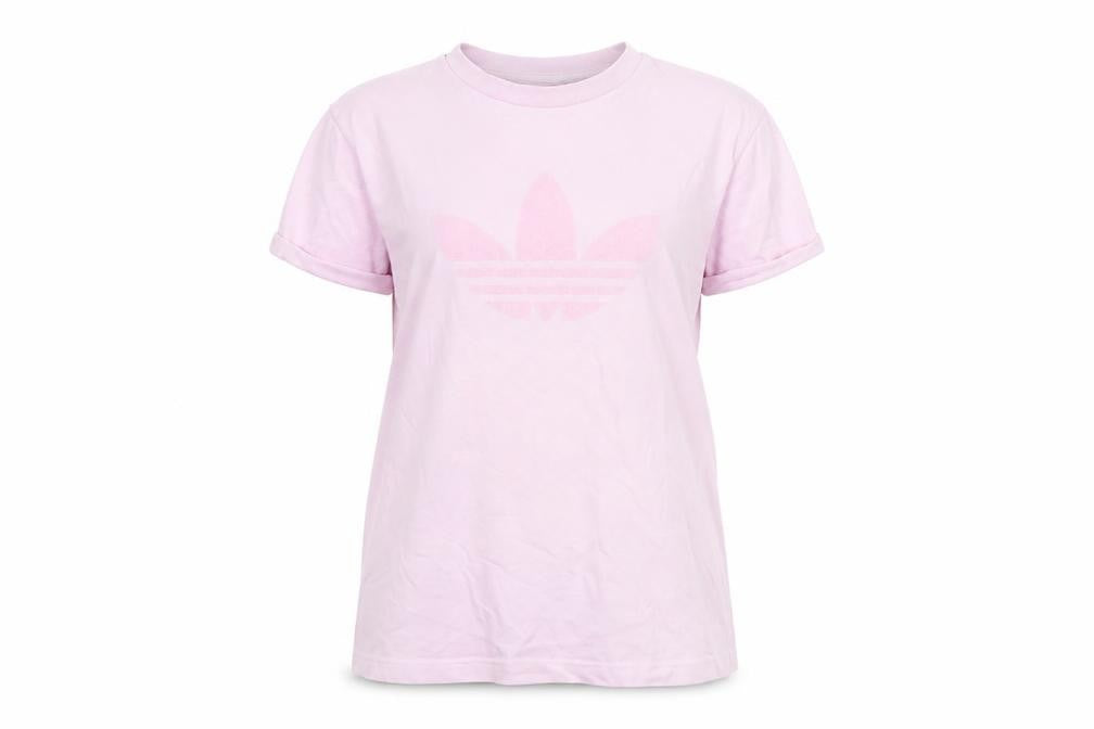 Front view of Adidas Women's Pink T-Shirt, size 4, Logo Design