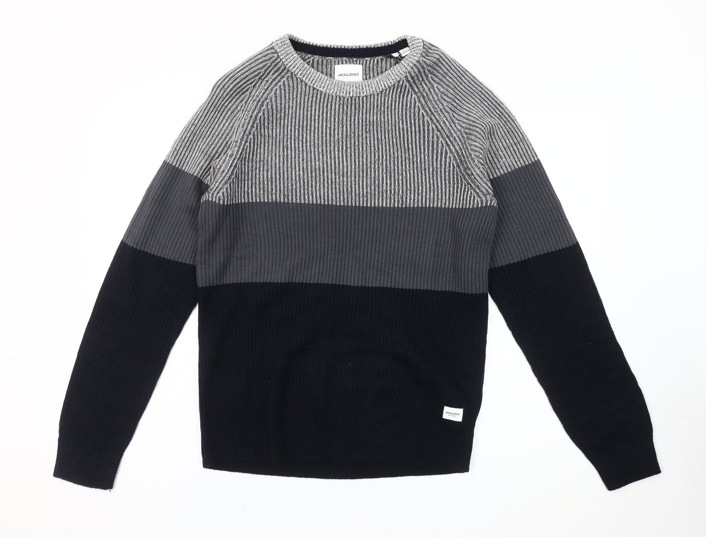 Jack & Jones Men's Grey Striped Pullover Jumper Size M