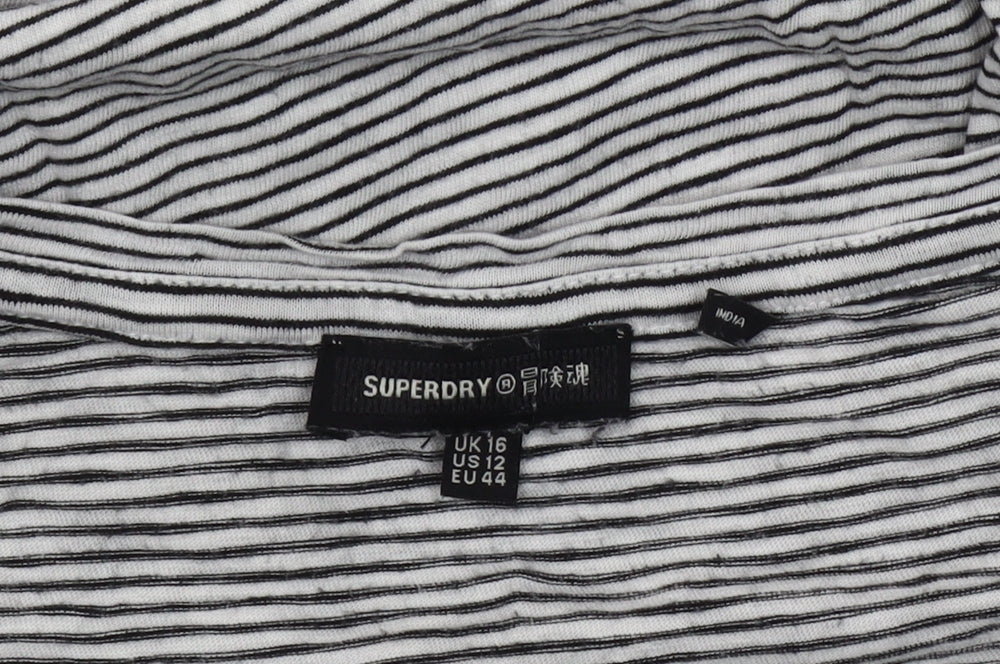 Superdry Women's Black Striped T-Shirt, V-Neck, Size 16