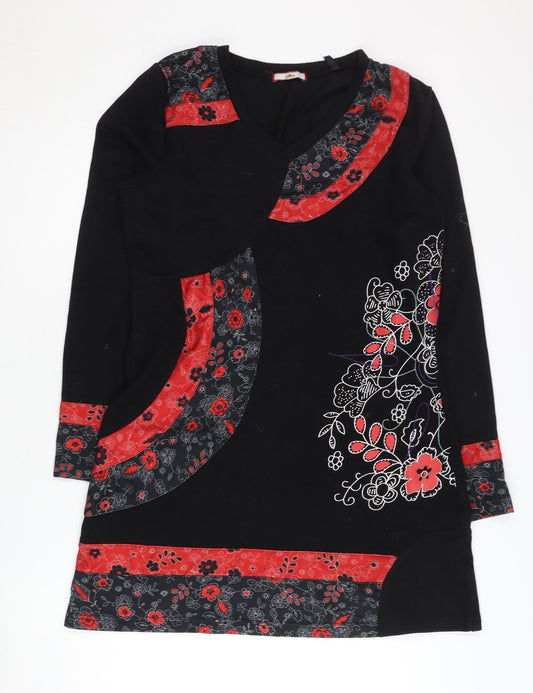 Joe Browns Black Floral Dress, V-Neck, Long Sleeve, Size 12