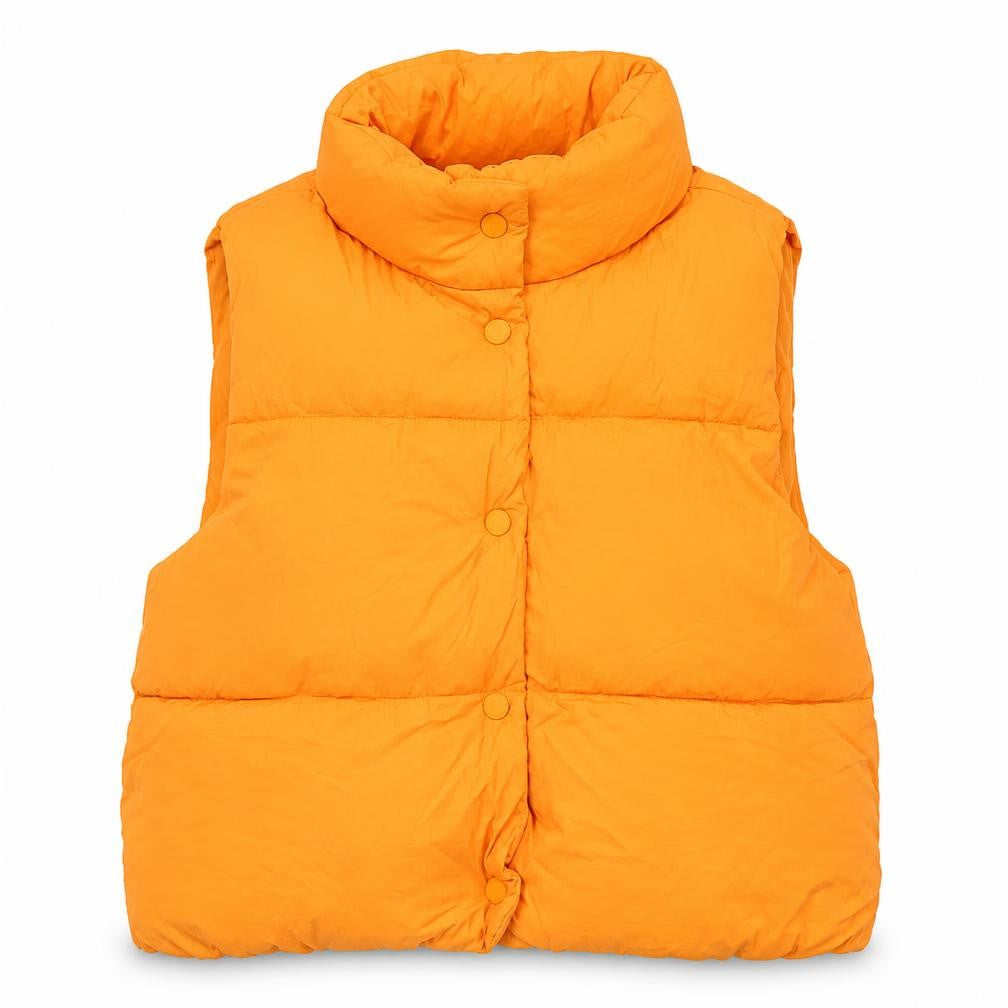 Front view of Zara girls’ orange puffer jacket 11-12 years sleeveless