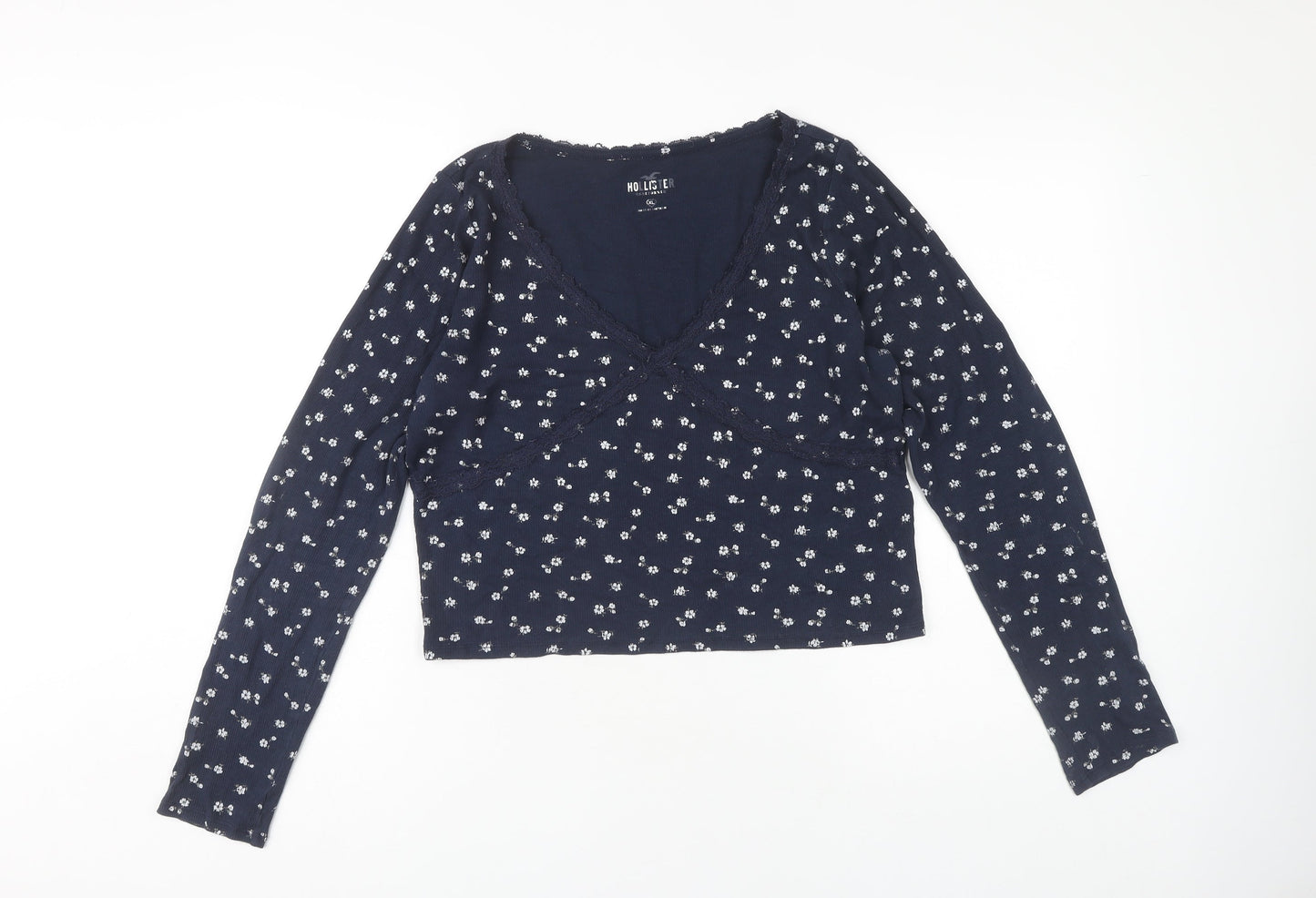 Hollister Women's Blue Floral V-Neck Cropped Blouse XL