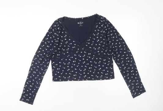 Hollister Women's Blue Floral V-Neck Cropped Blouse XL