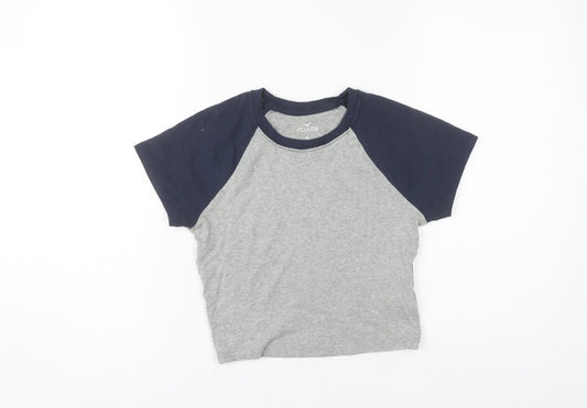 Hollister Women's Grey and Blue Ringer T-Shirt, Size S