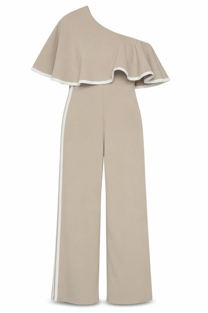 Front view of PRETTYLITTLETHING Beige One Shoulder Jumpsuit, size 8