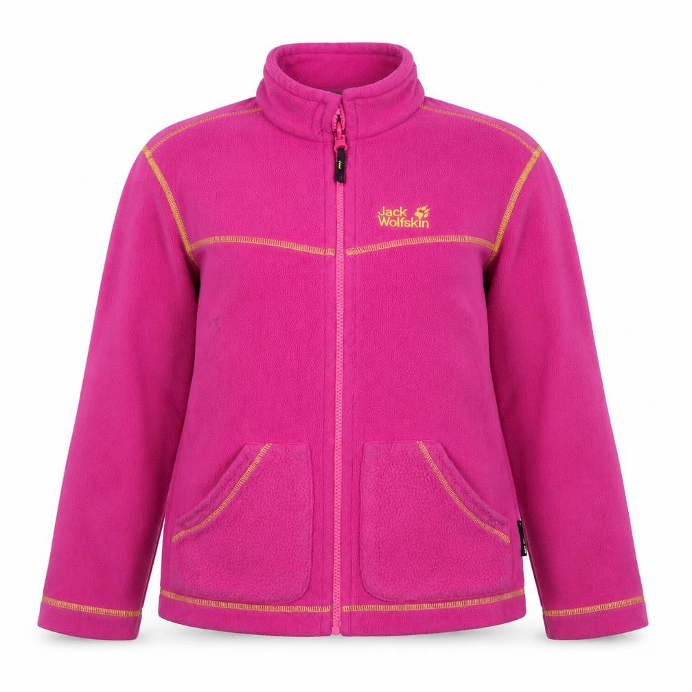Front view of Jack Wolfskin girls’ pink fleece jacket, size 12, winter essential